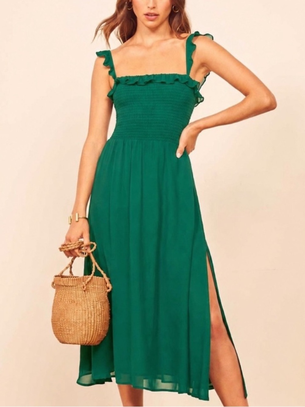 •Reformation• green Siesta smocked midi dress